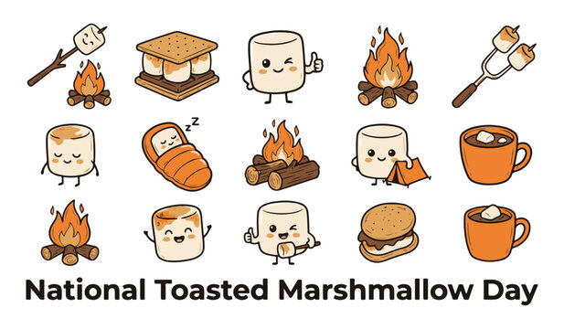 Cute Cartoon Marshmallow and S'mores Camping Illustration Set for National Toasted Marshmallow Day