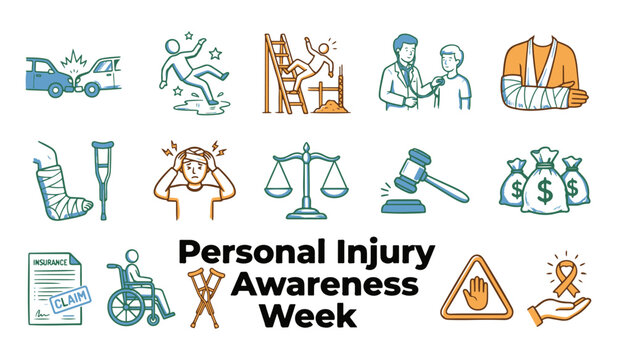 Collection of Personal Injury Awareness Week Icons. Vector Line Art Illustration with Accident, Legal, and Recovery Symbols.