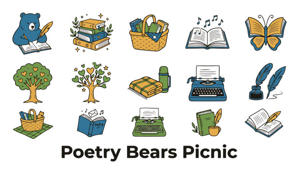 Hand Drawn Vector Icon Set: Bear Writing, Books, Picnic, Typewriter, Quill, Butterfly with 'Poetry Bears Picnic' text