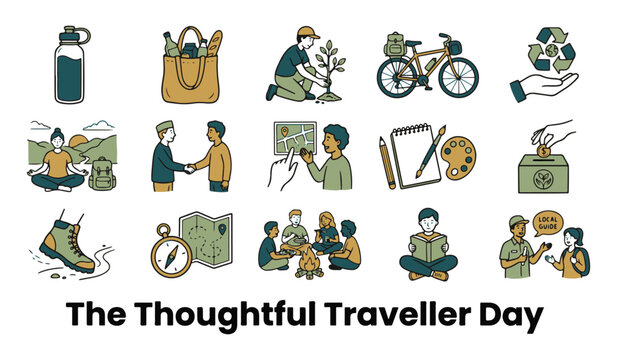 Collection of Hand Drawn Vector Icons for The Thoughtful Traveller Day, Sustainable and Eco Tourism Concept.