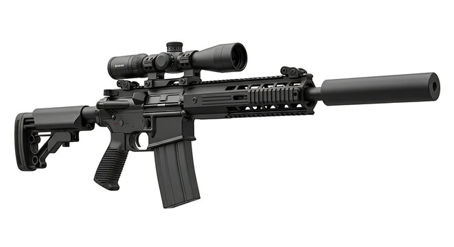 Black assault rifle with scope and tactical accessories