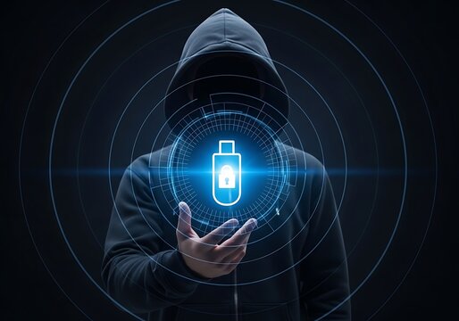 A person in a dark hoodie holding a glowing blue digital holographic of a usb flash drive with a padlock symbol, representing data security
