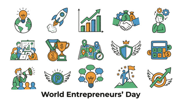 World Entrepreneurs' Day Vector Icon Set. Modern Line Style Business, Startup, and Success Concepts.