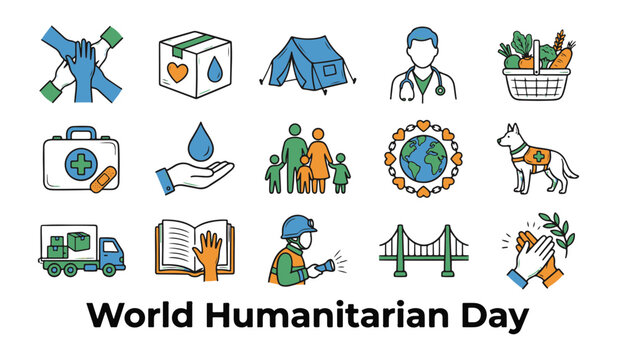 World Humanitarian Day Vector Icons Set. Collection of Aid, Charity, and Disaster Relief Symbols