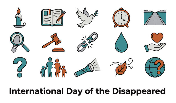 Line Art Vector Icon Set for 'International Day of the Disappeared' Featuring Search, Justice, and Family Concepts