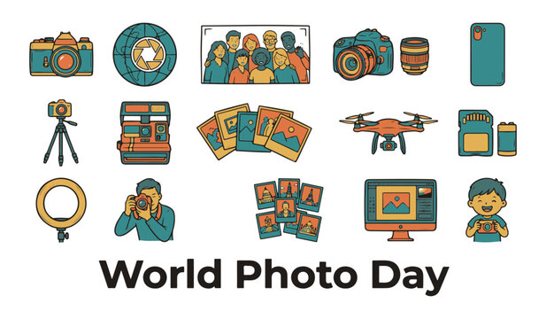 Colorful Line Art Photography Icons Collection for World Photo Day Celebration