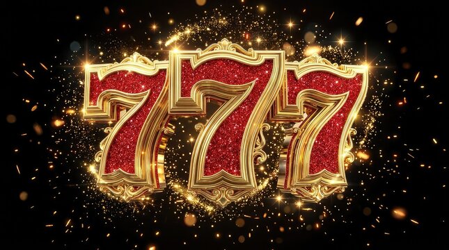 Elegant glittering gold 777 digits sparkling on a dark background filled with magical glowing particles