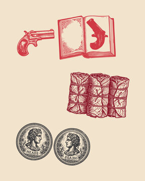outlaw contraband collection woodcut, wild west concealed weapon and currency illustration, rustic frontier gear set