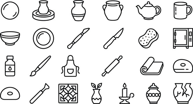 Pottery studio line icon set vector ceramic craft sculpting tools elements for handmade pottery workshop app UI