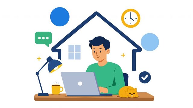Minimalist vector illustration of a young man working on a laptop at home office