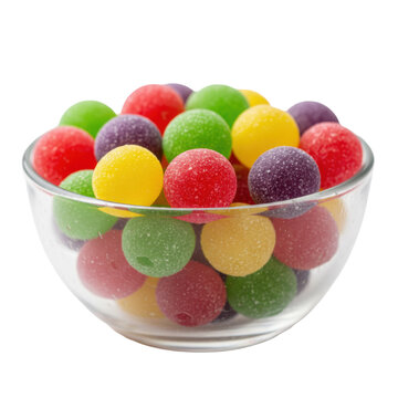 Transparent glass bowl filled with colorful sugar-coated gumdrops on a minimalist white background, soft studio lighting, playful nostalgic candy atmosphere