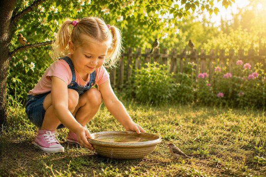Educating the young generation, kindness, caring for nature, children's empathy A little girl places a bowl of water for birds in the garden on a sunny day, encouraging care for wild animals and compa