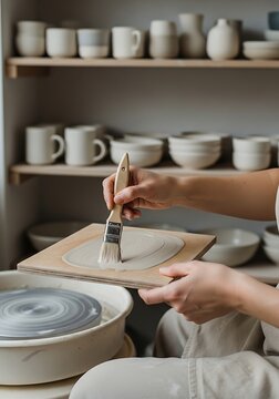 A potter applies liquid clay slip onto a wooden board using a brush in a studio with shelves of handmade ceramic mugs and bowls in background
