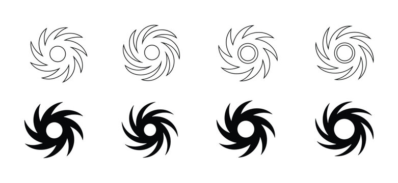Hurricane Symbol Set: A collection of hurricane symbols in outline and solid black styles, representing meteorological events. weather icon, storm symbol, wind pattern, cyclone graphic.