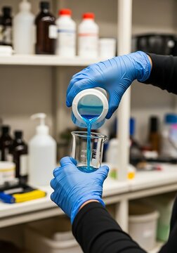 A scientist wearing blue nitrile gloves pours a bright blue liquid chemical from a white plastic bottle into a clear glass laboratory beaker