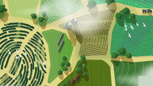 Top Down Aerial View of Terraced Green Farm Fields and Tea Plantation. Agriculture Landscape Nature 2D Animation.