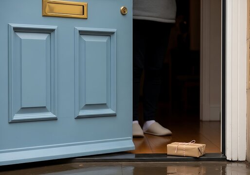 A small brown paper parcel tied with string sits on the wooden floor inside a house doorway behind a partially open light blue front door