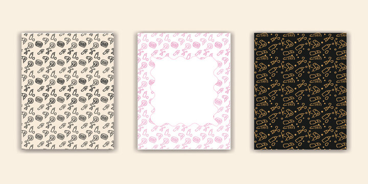 Set of decorative frames and patterns with hand drawn makeup and beauty icons