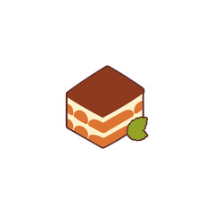 A minimalist graphic icon featuring a square-shaped slice of tiramisu dessert, layered with cream and sponge, and garnished with a small mint leaf. © Pernah