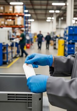 A warehouse worker wearing blue nitrile gloves holds a blank white inventory tag over a grey plastic storage bin in a busy distribution center