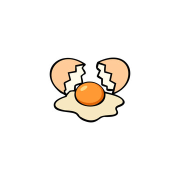 A minimalist graphic icon featuring a cracked egg with its shell broken into two pieces, revealing the yolk and white.