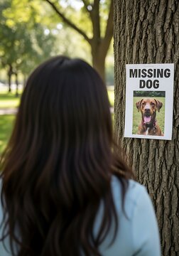 A woman with long dark hair stands in a park looking at a missing dog flyer posted on a rough textured tree trunk in the forest background