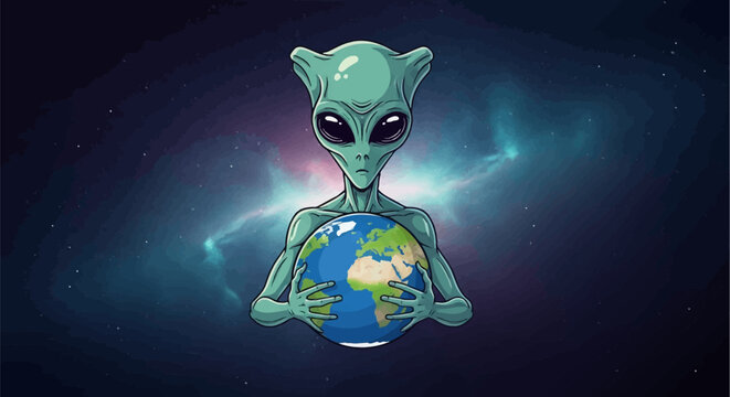 Stylized vector illustration of a grey extraterrestrial alien with large black eyes holding the planet Earth in its hands against a dark outer space background with stars and a nebula.