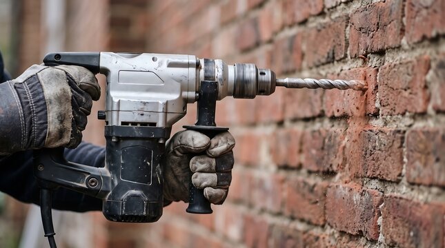 Worker using hammer drill on red brick wall during renovation