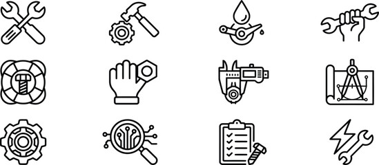 Fototapeta premium Engineering Tools Line Icon Set – Industrial Maintenance, Mechanical Repair, Technical Support, Manufacturing Equipment, Vector Outline Collection