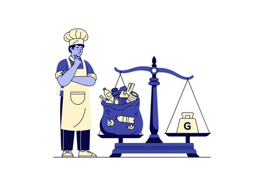 Chef weighing food waste and recyclables on a balance scale