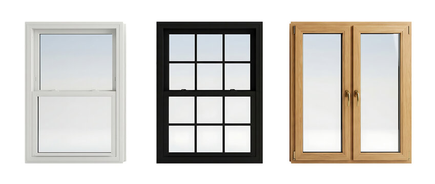Assortment of three windows: modern white double-hung, classic black mullioned pane, and natural oak casement doors, showcasing different architectural and design elements for homes.