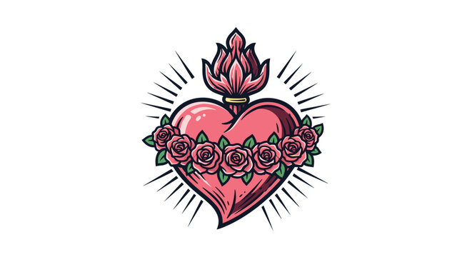 Traditional tattoo style sacred heart wrapped with pink roses and crowned with small flames on a white background.