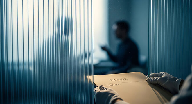 Hands wearing white gloves hold a private and confidential HIPAA folder in a clinical office setting with blurred figures behind glass
