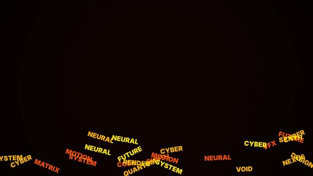 Neon text particles floating in darkness represent technological innovation and futuristic computing systems for modern communication