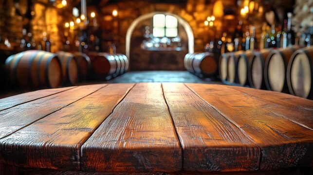 A table with free space for a bottle of wine or food and a retro interior of a cellar with barrels.