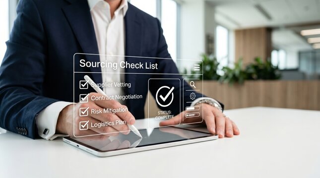 Businessman checking sourcing checklist on tablet screen with supplier vetting and contract negotiation items, logistics plan risk mitigation status complete