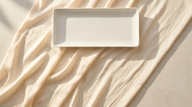 Minimalist white rectangular dish centered on luxurious soft cream fabric