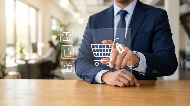 Man touching holographic shopping cart icon, e-commerce online retail business and digital consumer technology concept
