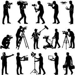 Fototapeta premium Silhouette icons of professional film crew, videographers, photographers, drone operators, sound recordists, directors, lighting technicians for movie production, media, broadcasting. 