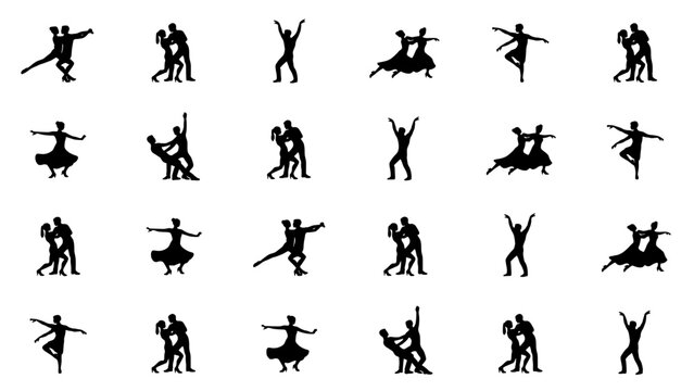 Dancers in Various Poses and Styles Depicted as Black Silhouettes Featuring Dance, Ballet, Tango with Salsa and Jazz Elements
