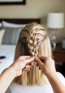 Close-up view of a person with blonde hair receiving a french braid hairstyle from a stylist in a bedroom setting with soft lighting