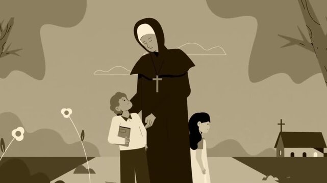Religious Priest Monk Talking to Children Outside Church Building. Vintage Sepia Christian Historical 2D Animation.