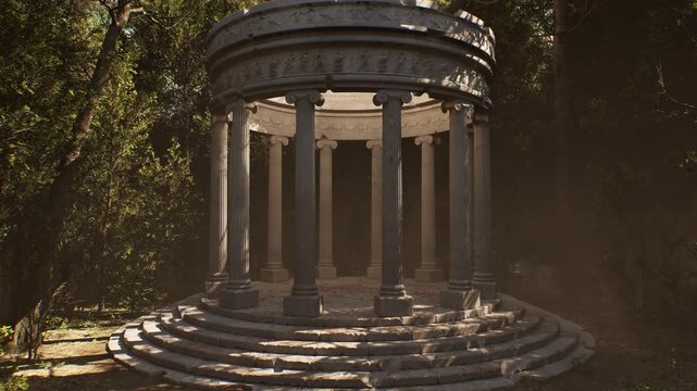 Sunlight filtering through a dense forest, illuminating a mysterious and ancient circular temple with imposing doric columns and stone steps