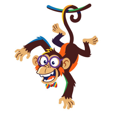 Colorful Cartoon Monkey Hanging on Branch Vector