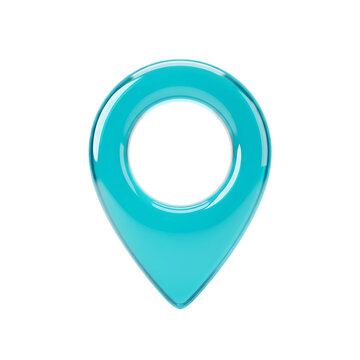 Shiny turquoise blue map location pointer icon, gps navigation pin symbol, abstract geo marker graphic, precise destination place point, isolated.