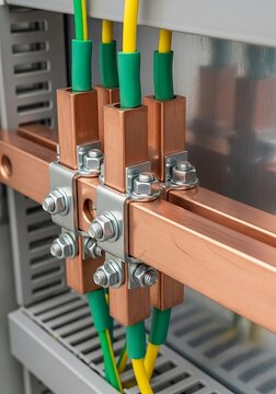 Electrical copper busbars connected with metal bolts and nuts featuring yellow and green insulated power cables inside a grey control cabinet