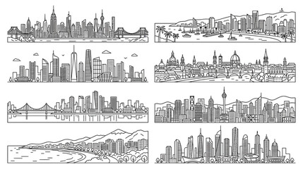 Fototapeta premium Diverse City Skylines Collection: Urban Landscapes and Architectural Silhouettes