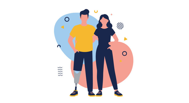 Diverse young couple including a man with a prosthetic leg standing together in a modern abstract flat vector illustration.