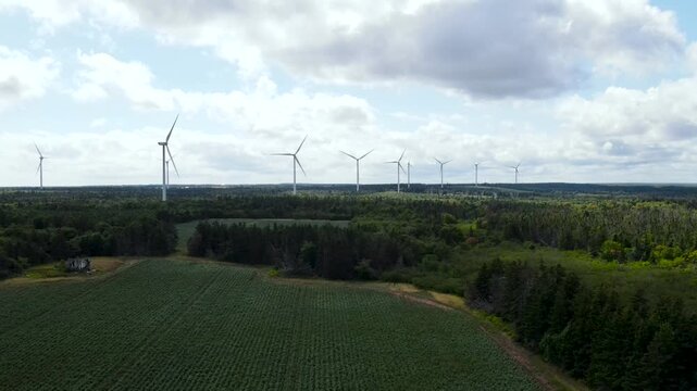 Kent Hills Wind Farm, New Brunswick Canada, Wind Turbines In Rural Landscape. Aerial wide shot