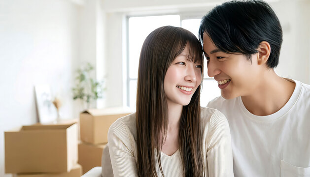 Happy Young Japanese Couple Smiling at Each Other in Their New Home After Moving